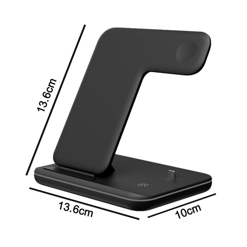 Schwarze Ladestation mit Abmessungen. Die Höhe und Breite betragen 13,6 cm und die Basis 10 cm.
