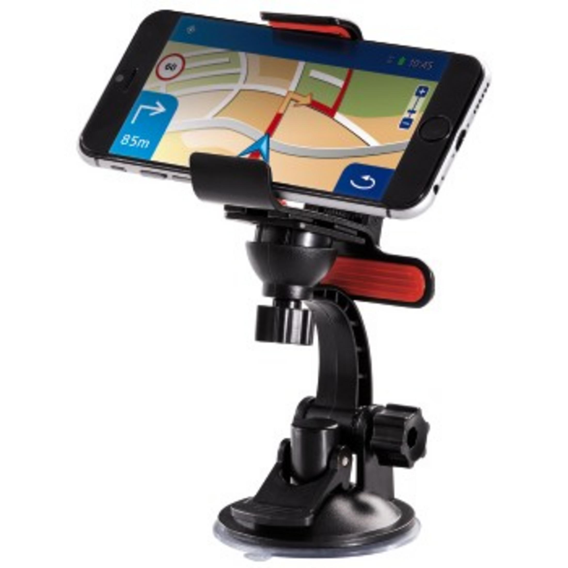 Smartphone in Halterung mit GPS-Navigation, montiert auf Saugnapfbasis.