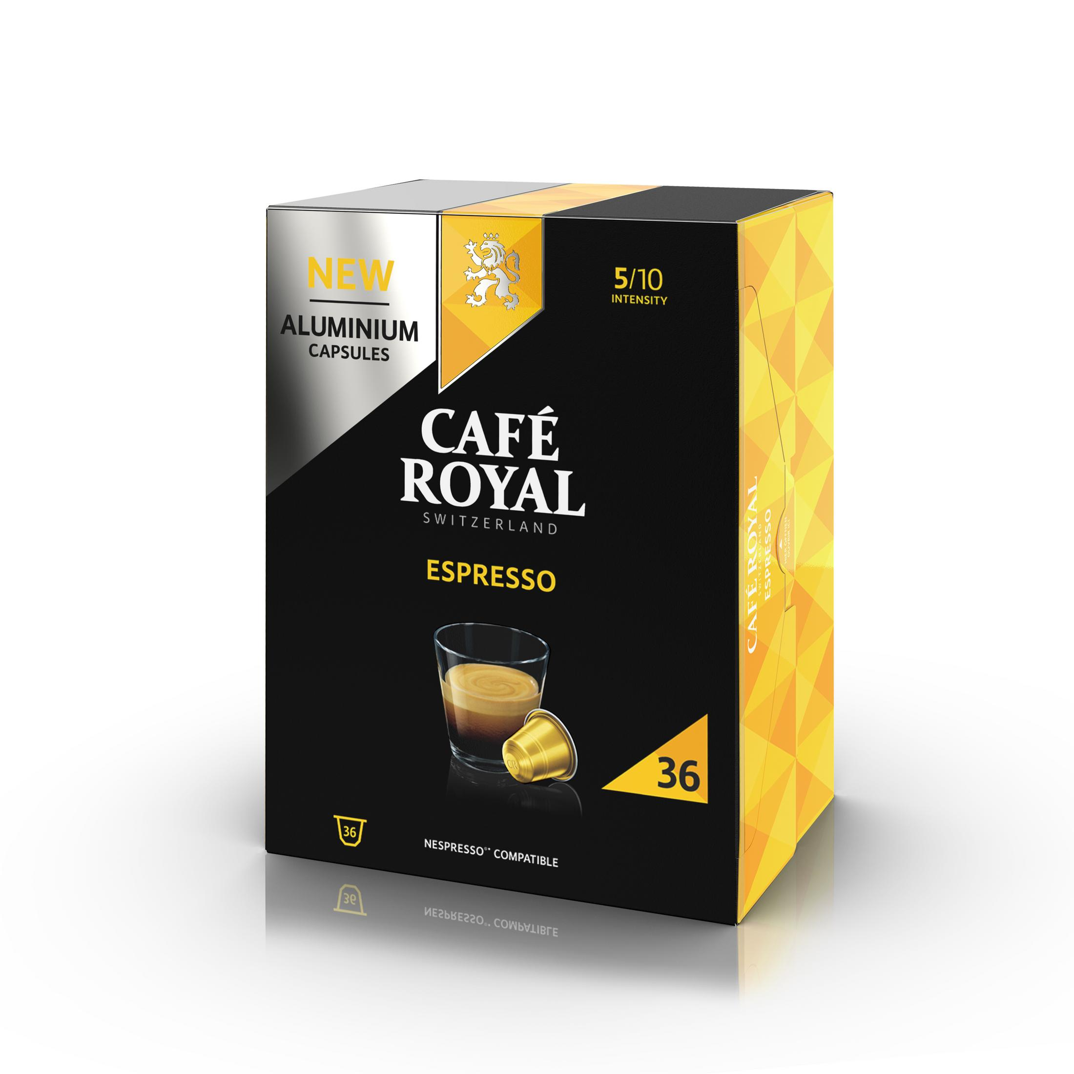 Schwarze Schachtel mit 'Café Royal Espresso' Aluminiumkapseln mit goldenem Löwenemblem und Kaffeetassenbild.