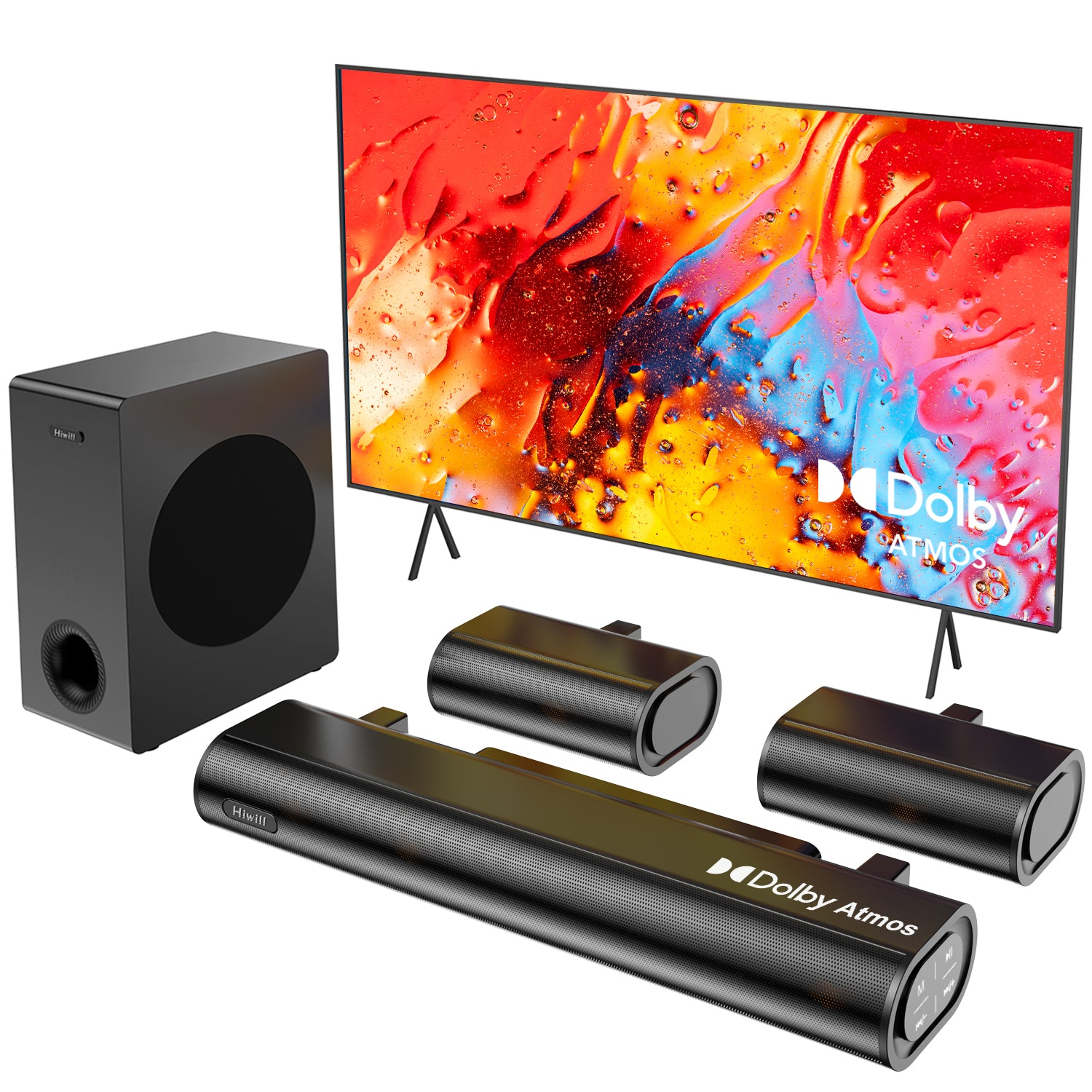 Komplettes Dolby Atmos Surround Sound System mit Soundbar, Subwoofer und Satellitenlautsprechern.