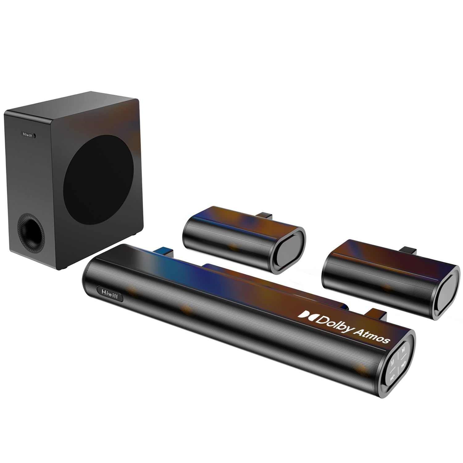 Schwarzes Hiwill-Soundsystem mit Soundbar, Subwoofer und zwei Satellitenlautsprechern auf weißem Hintergrund.