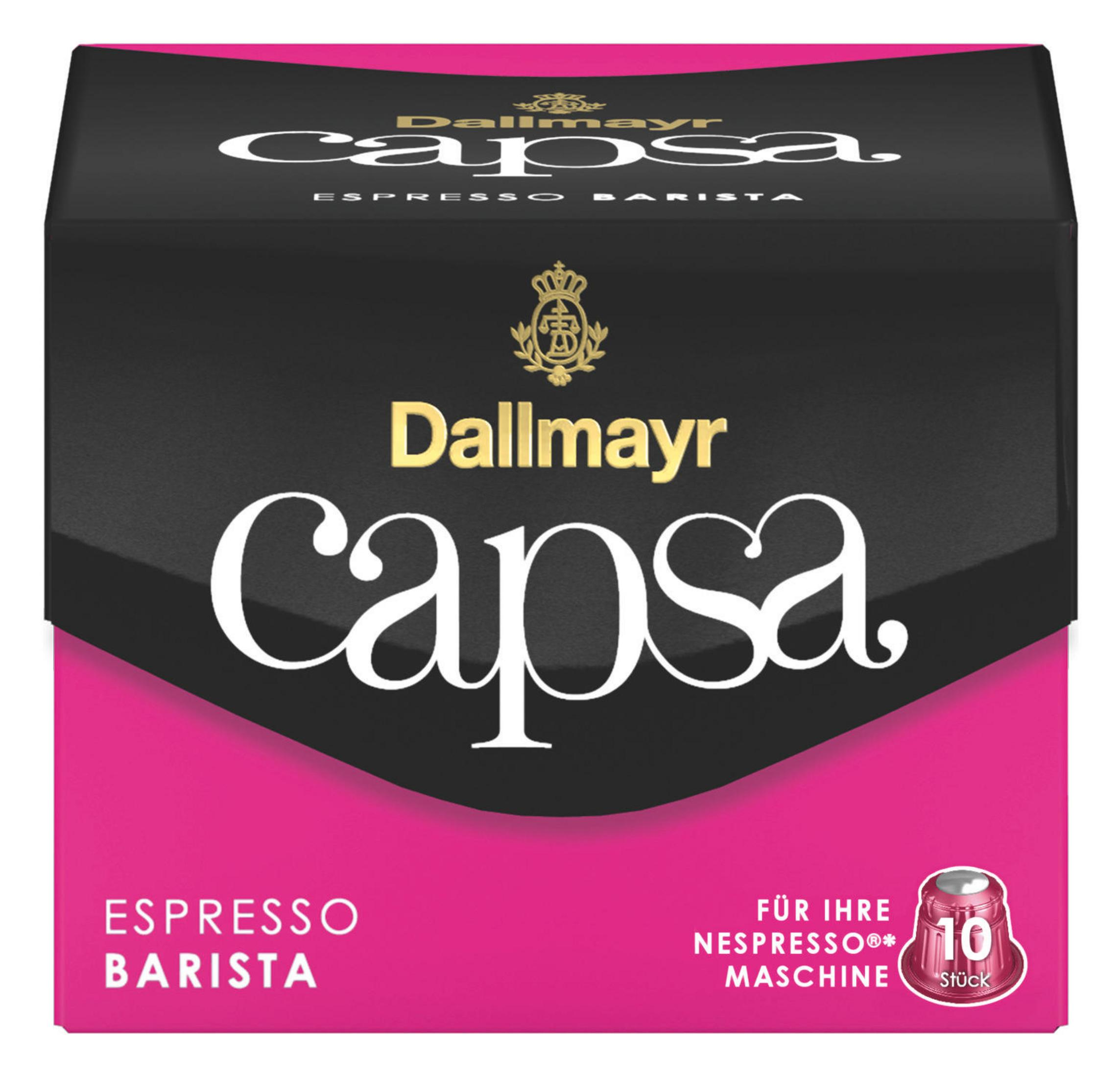 Das Bild zeigt eine Dallmayr Capsa Espresso Barista Schachtel auf weißem Hintergrund.