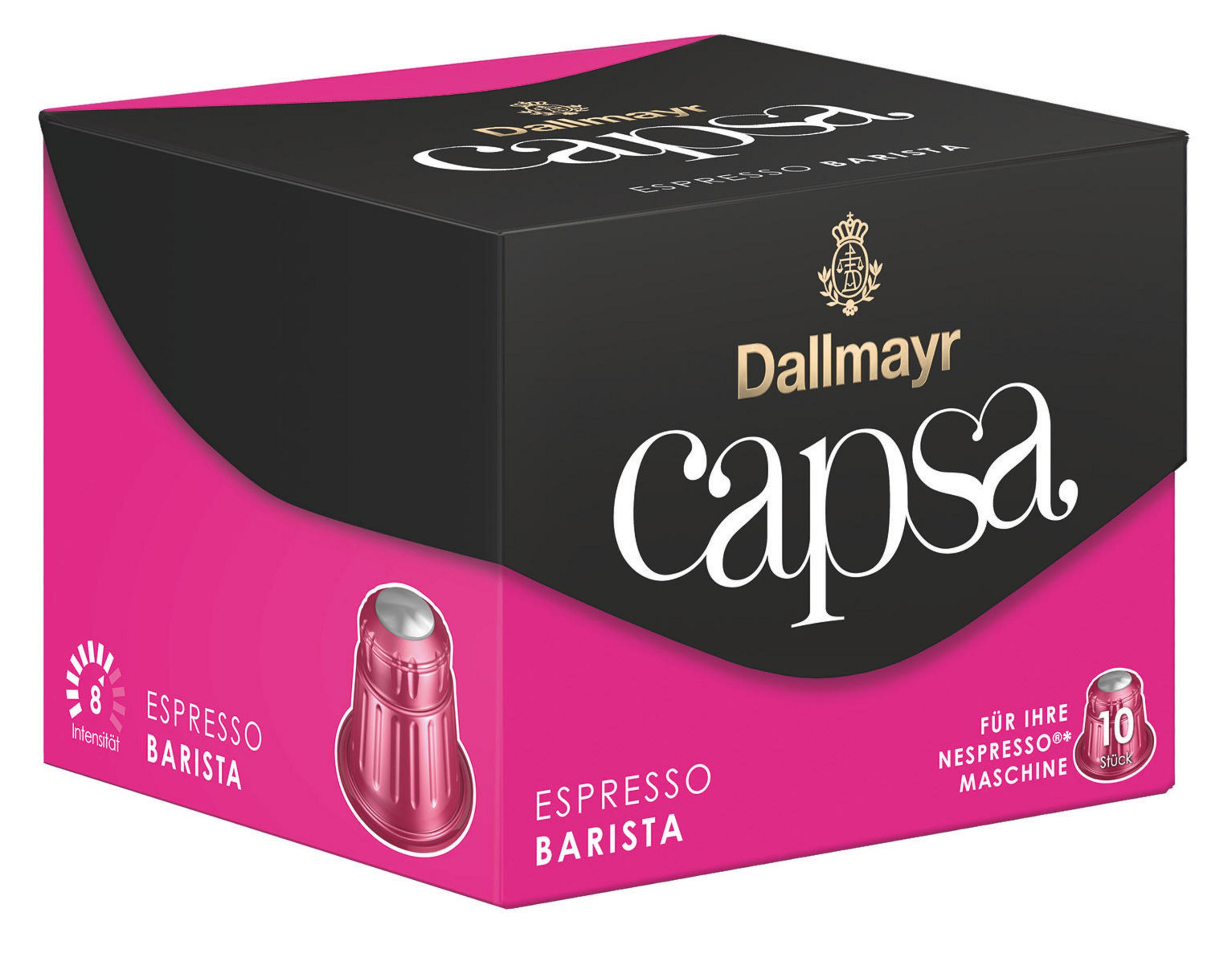 Das Bild zeigt eine Dallmayr Capsa Espresso Barista Schachtel und Kapsel auf weißem Hintergrund.