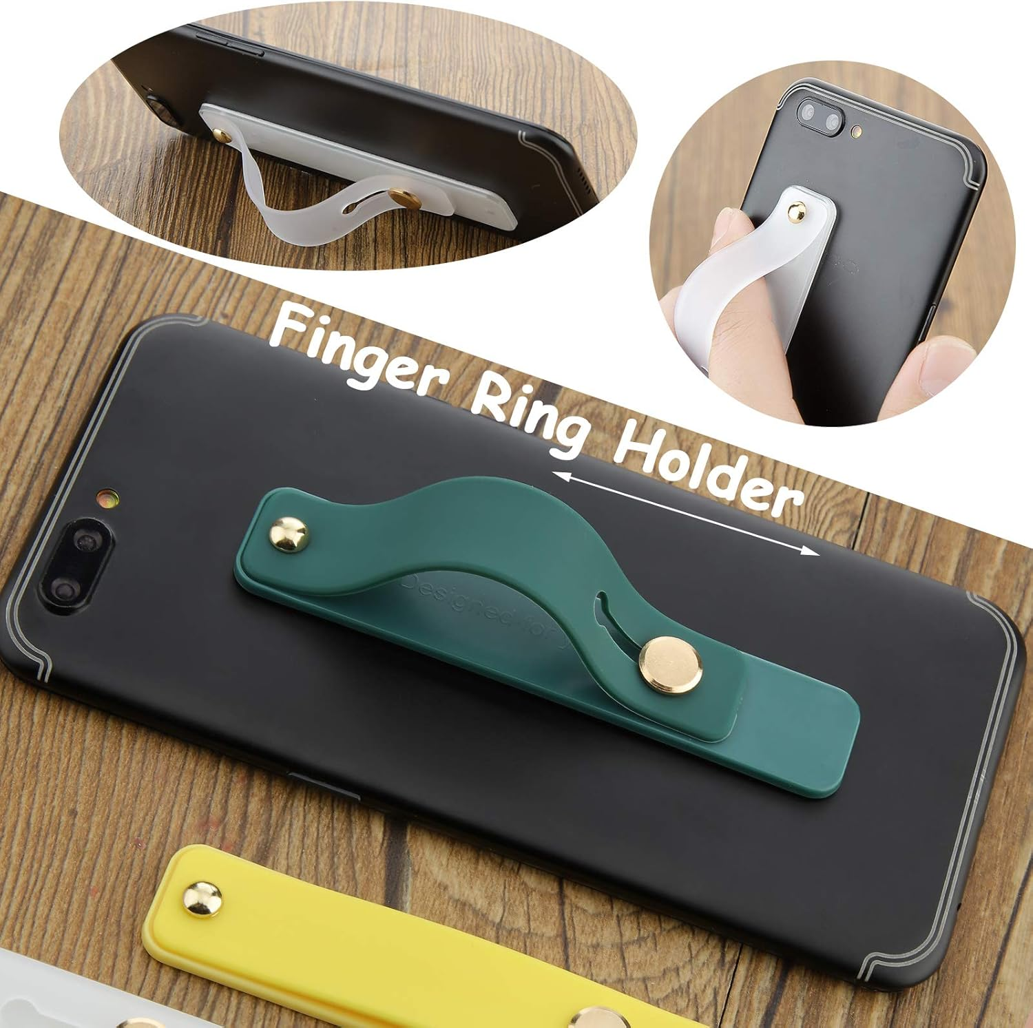 Ein Telefon mit einem grünen Fingergriff, das den 'Finger Ring Holder' mit einem weißen Griff darüber zeigt.