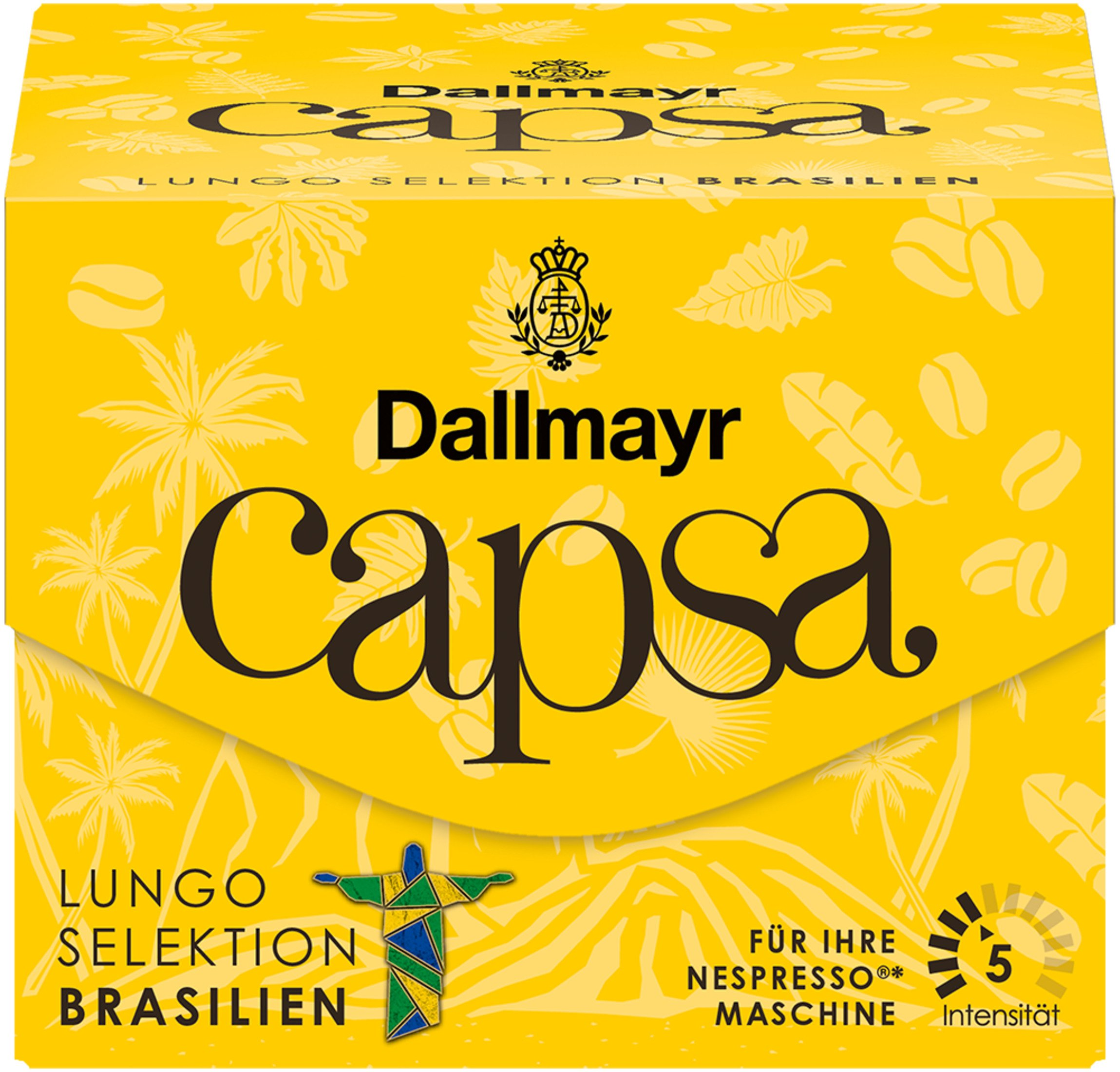 Gelbe Dallmayr Capsa-Box im Brasilien-Design mit Kaffeebohnen und Palmen.