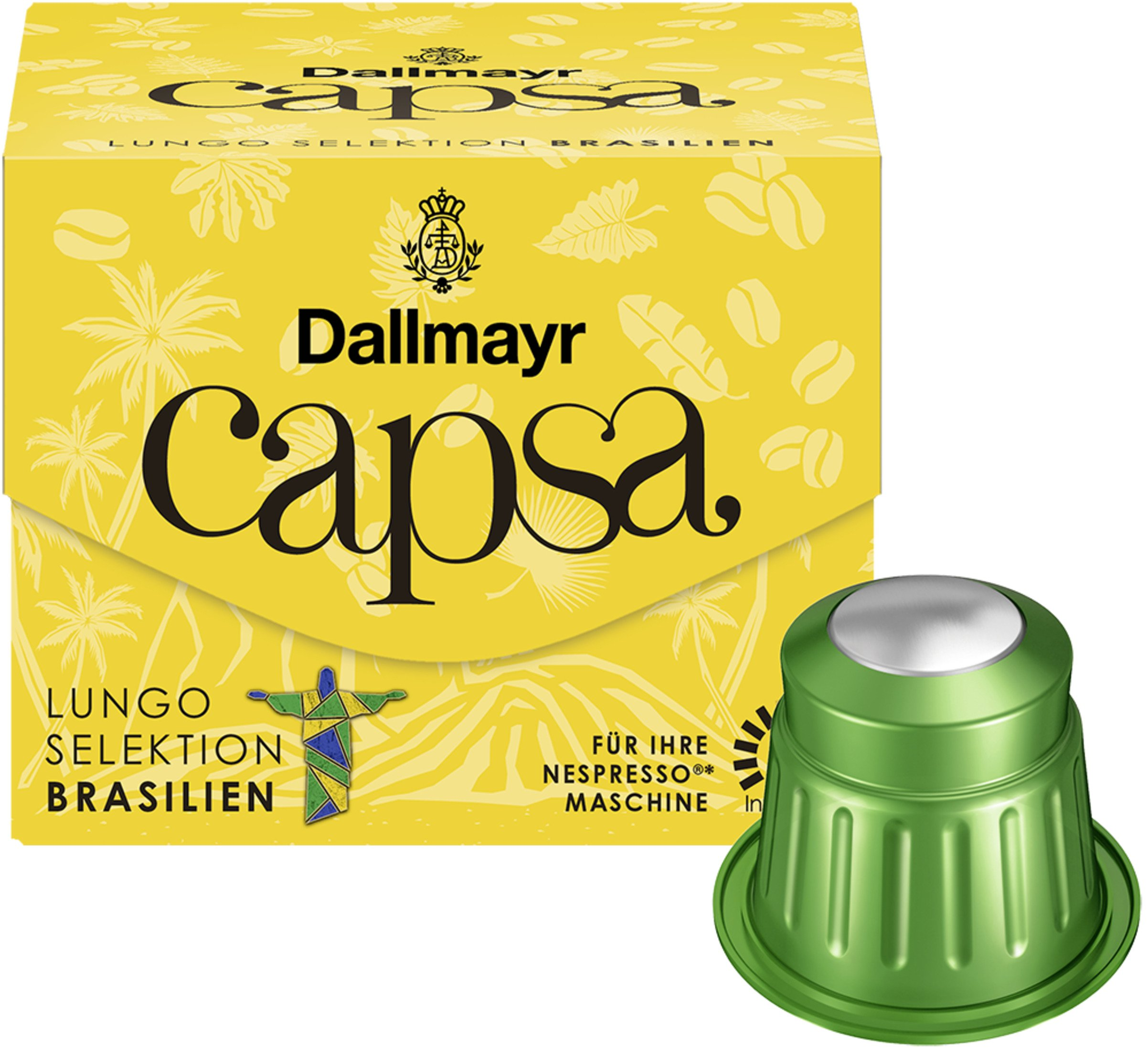 Gelbe Dallmayr Capsa-Box im Brasilien-Design und eine grüne Kaffeekapsel.