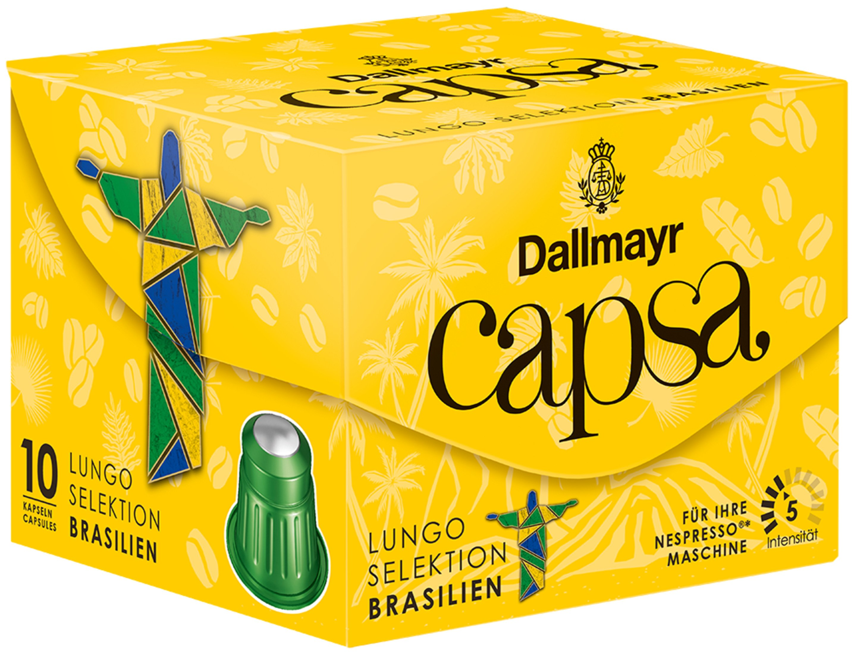 Gelbe Dallmayr Capsa-Box im Brasilien-Design und eine grüne Kaffeekapsel an der Seite.