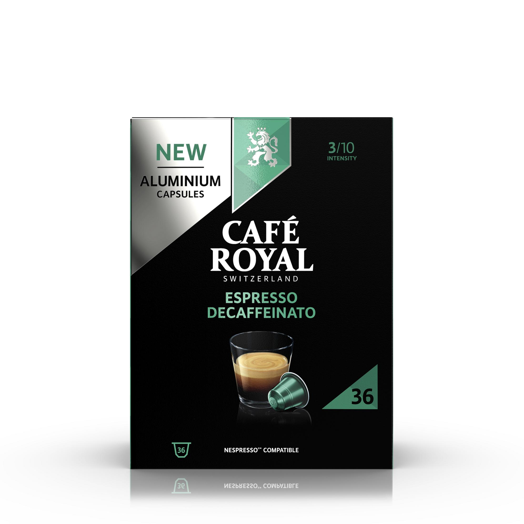 Eine schwarze Schachtel Café Royal Espresso Decaffeinato Kaffeekapseln mit grünen Akzenten.