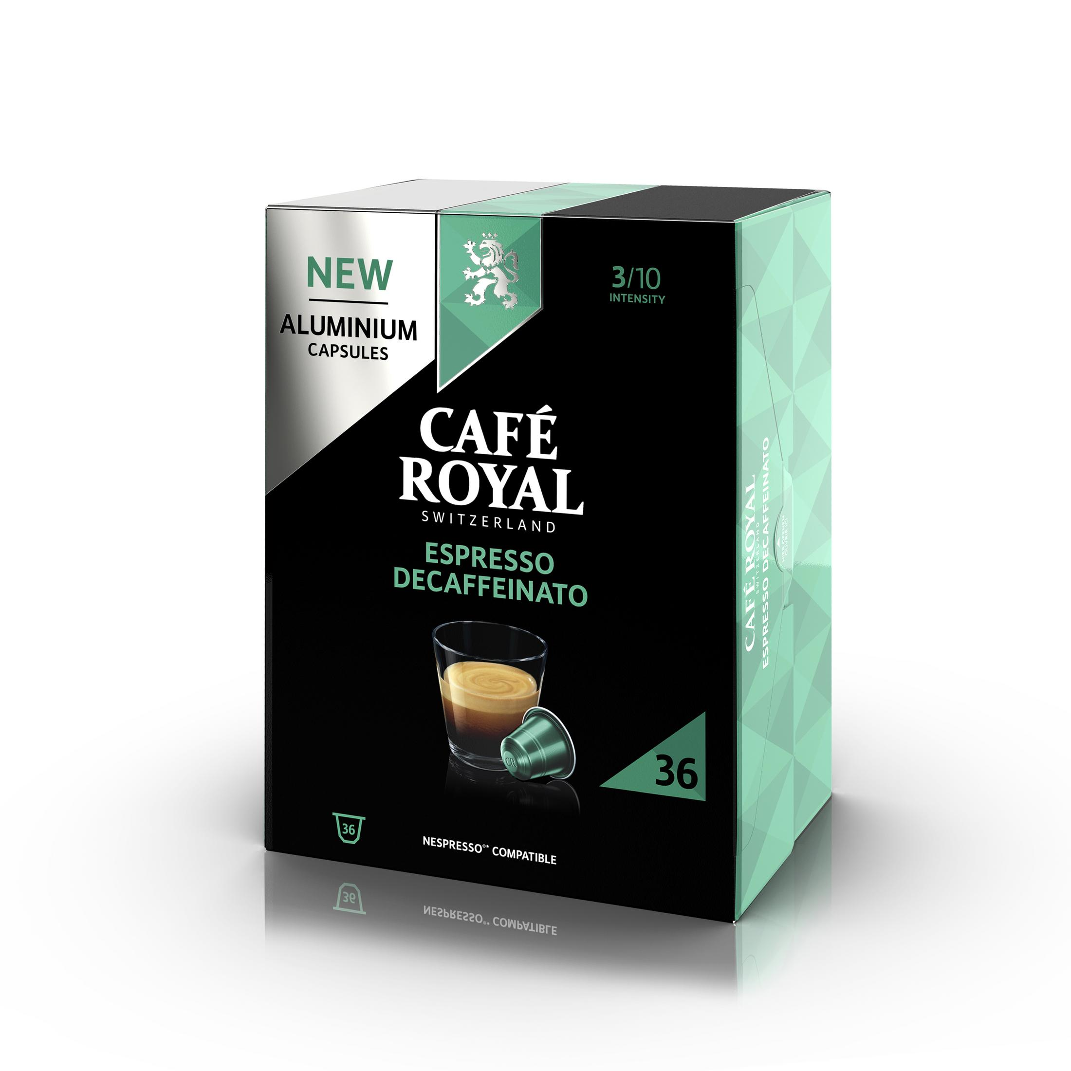 Schachtel Café Royal Espresso Decaffeinato Kaffeekapseln, schwarz mit grünen Akzenten.