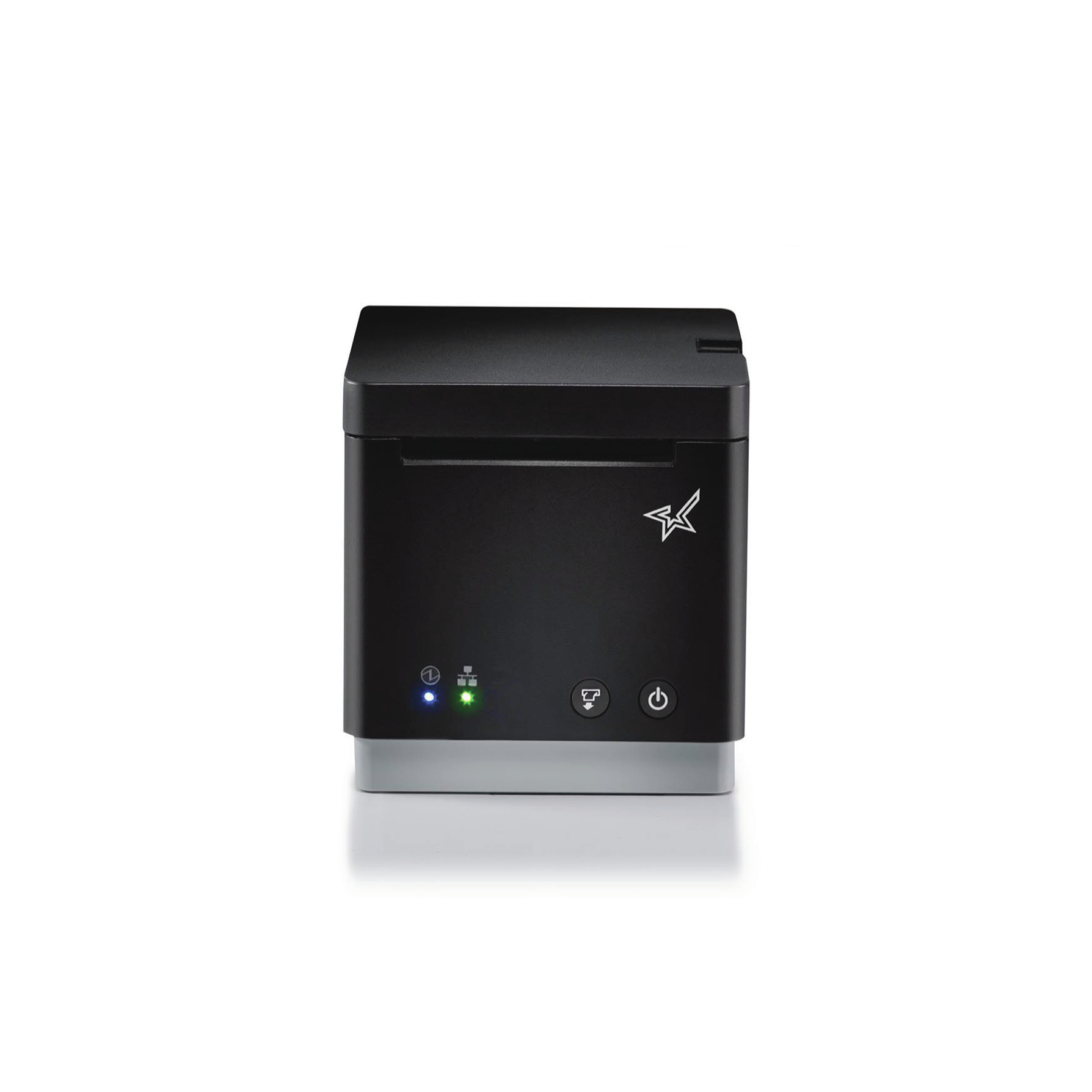 Una stampante nera con un logo Star Micronics è su uno sfondo bianco. Ha una base grigia e due pulsanti.