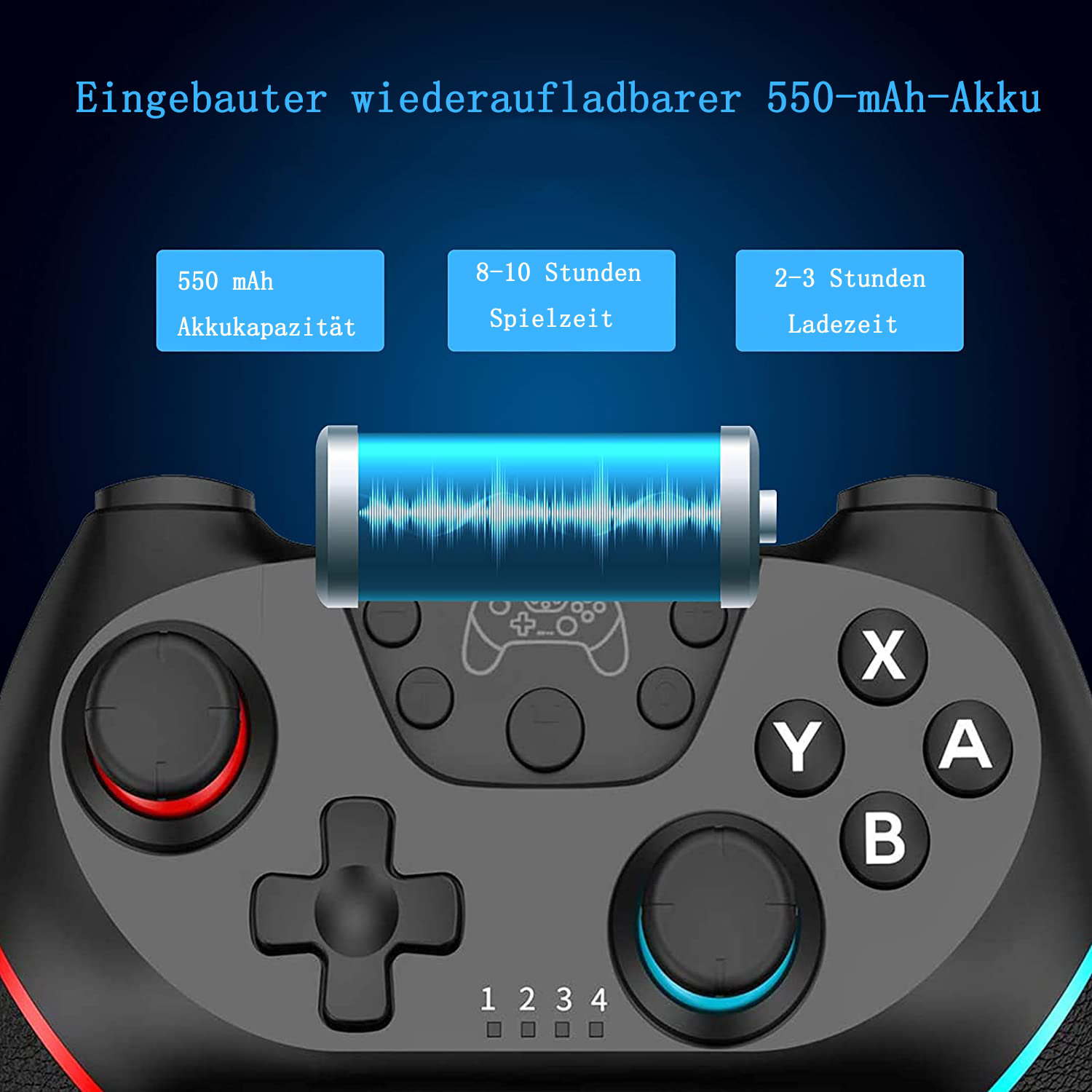 Ein schwarzer Gamecontroller zeigt Akkulaufzeit und Tasten auf blauem Hintergrund.