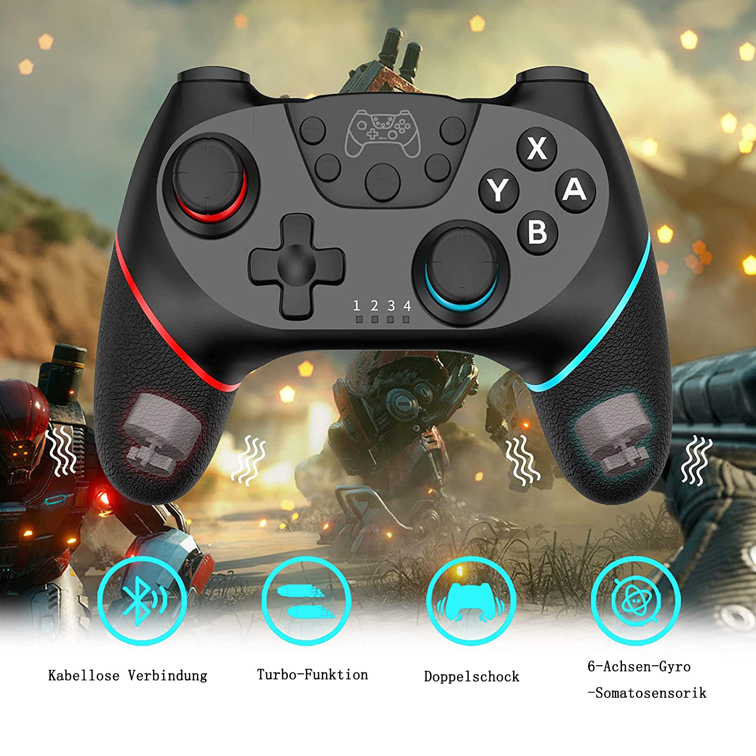 Ein schwarzer Gamecontroller mit roten und blauen Akzenten ist in einer Kampfszene zu sehen.
