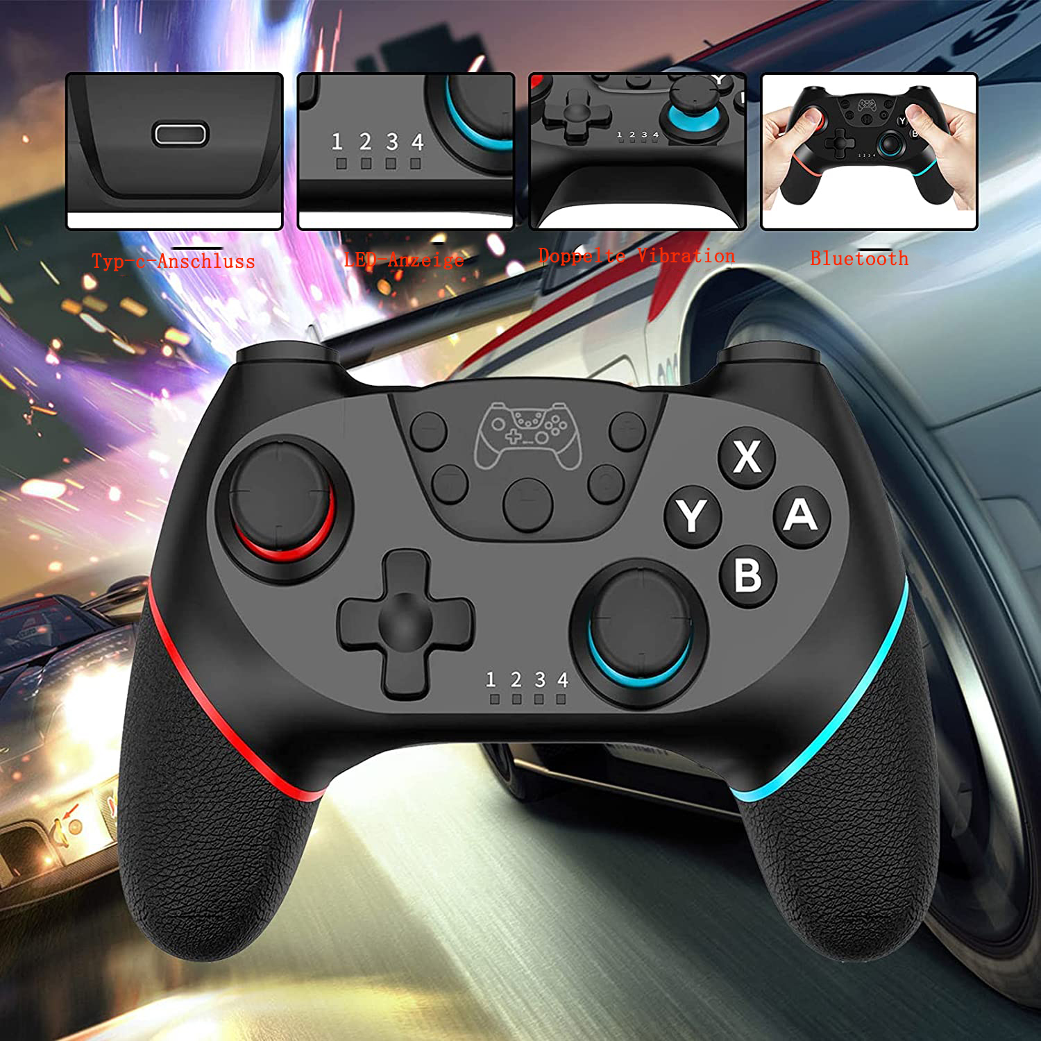 Ein schwarzer Gamecontroller mit roter und blauer Verzierung wird vor einem Autorennen-Hintergrund angezeigt.