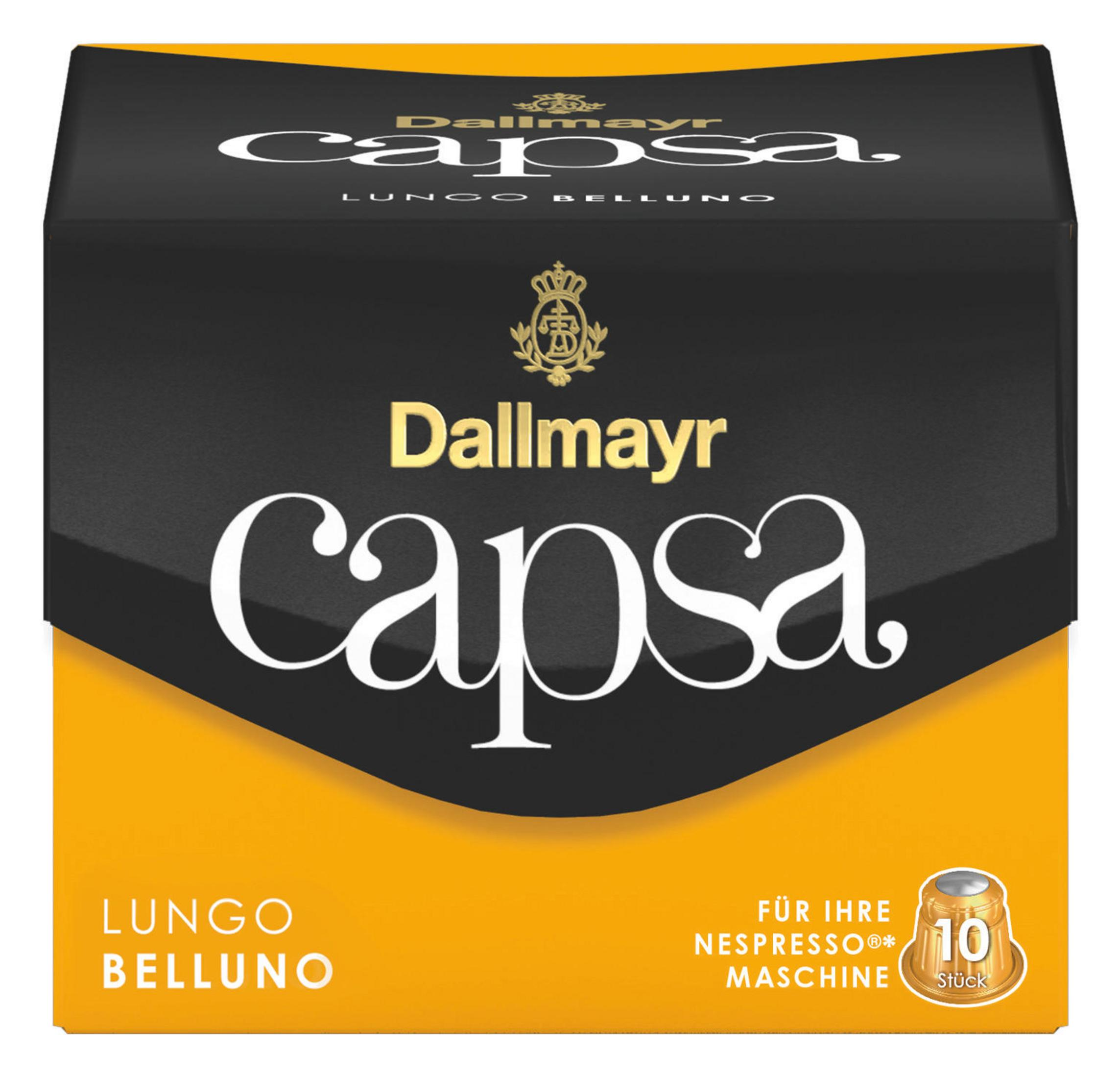 Das Bild zeigt eine Dallmayr Capsa Lungo Belluno Schachtel auf weißem Hintergrund.