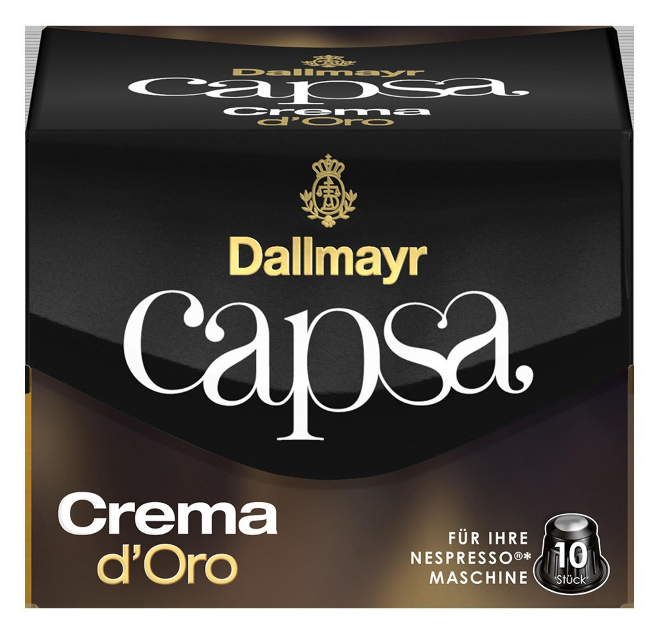 Eine schwarze Schachtel Dallmayr Capsta Crema d'Oro Kaffeekapseln wird angezeigt.