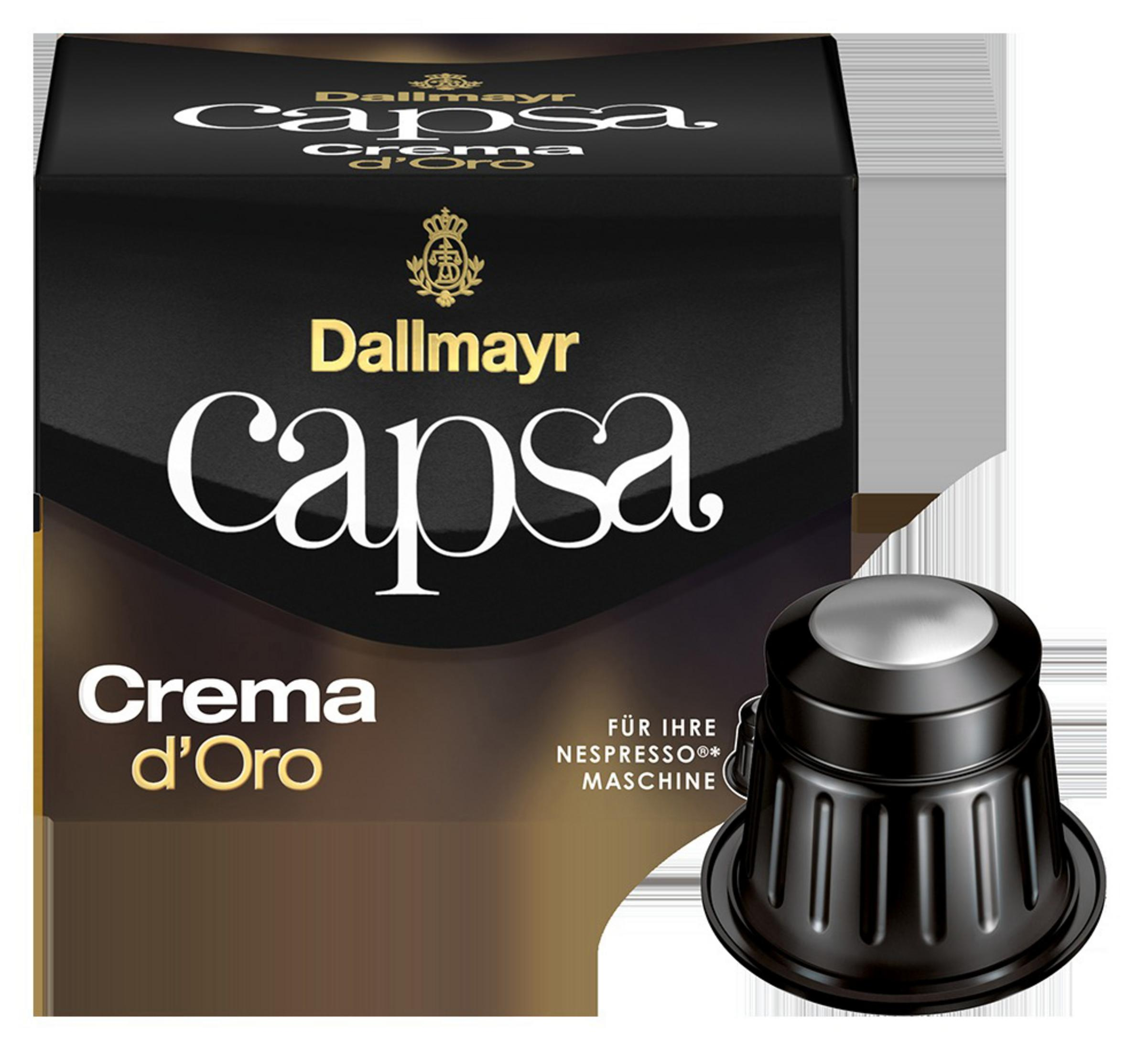 Eine schwarze Schachtel Dallmayr Capsta Crema d'Oro Kaffeekapseln mit einer Kapsel wird gezeigt.