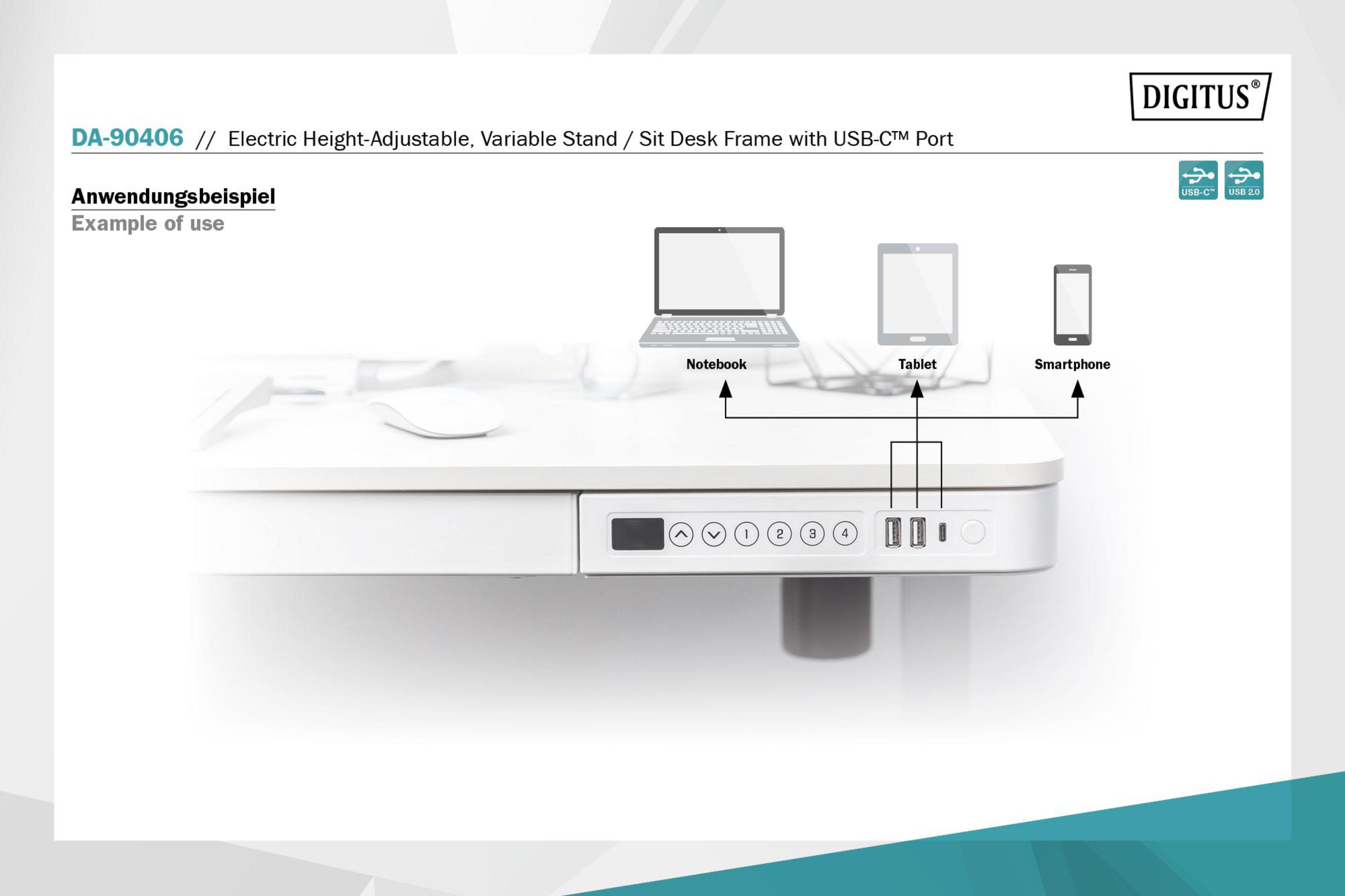 Weißer, verstellbarer Schreibtisch mit Anschlüssen für Laptop, Tablet und Smartphone.
