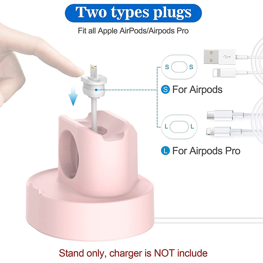 Ein rosa Ladeständer wird mit Diagrammen von zwei Arten von Steckern für AirPods gezeigt.