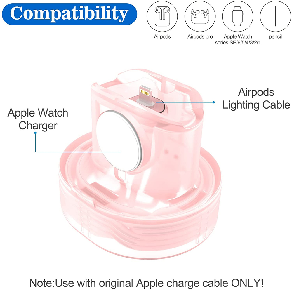 Ein rosa Ladeständer für Apple-Geräte mit Kabeleinführpunkten wird gezeigt.