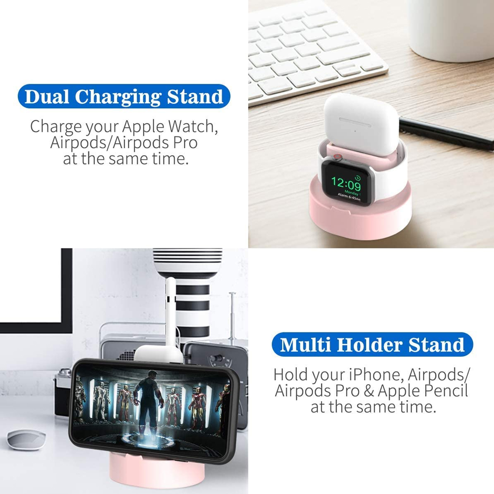 Ein dualer Ladeständer für Apple Watch und AirPods, mit einem Multi-Halter-Ständer für iPhone.