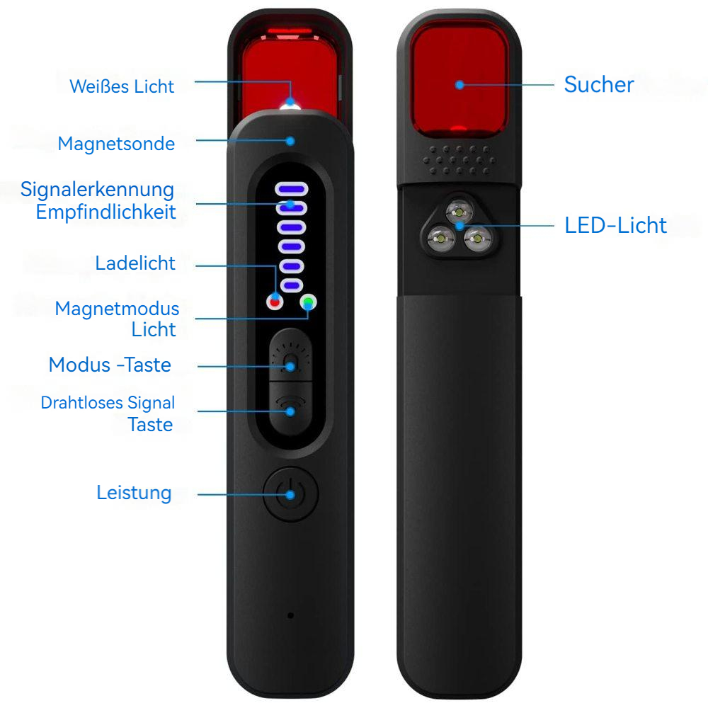 Ein schwarzes Gerät mit Beschriftungen auf Deutsch, die auf verschiedene Funktionen wie LED-Leuchten und Signalerkennung hinweisen.