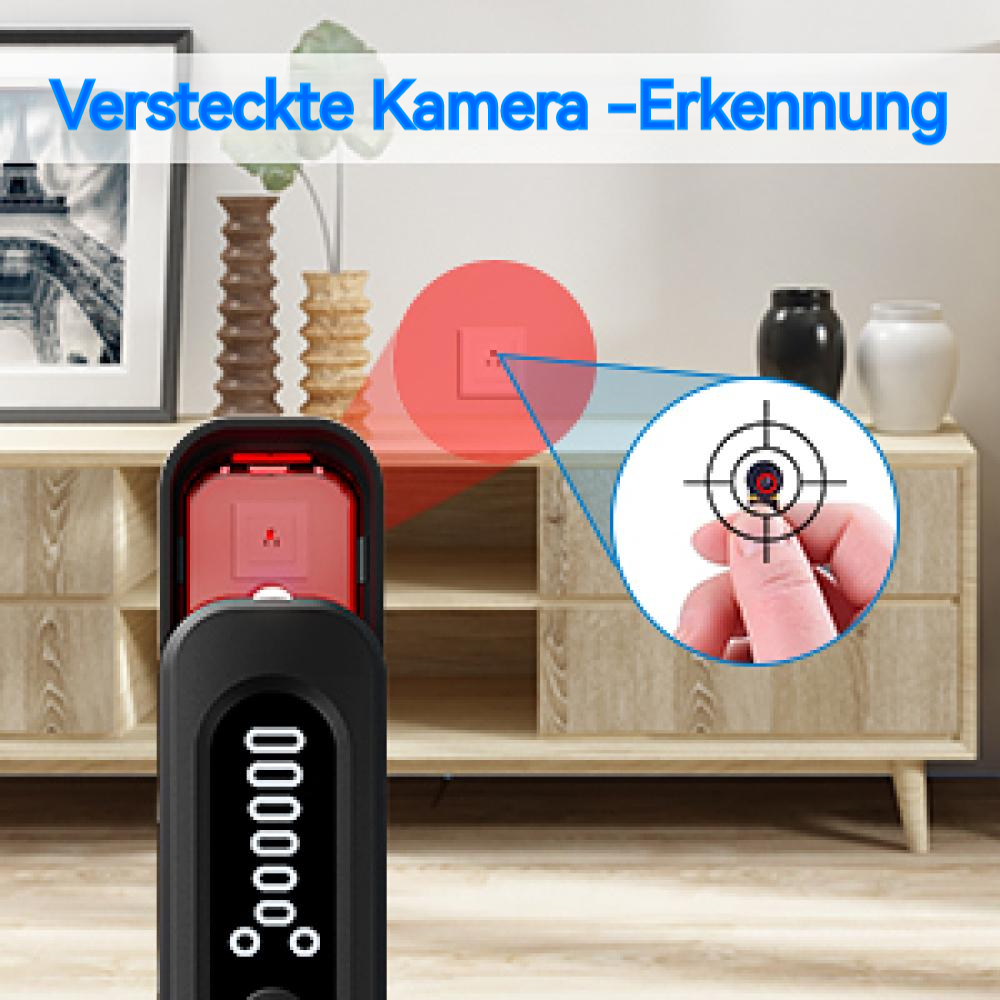 Ein schwarzes Gerät, das eine versteckte Kamera in einem Raum mit Möbeln und Dekorationen erkennt.