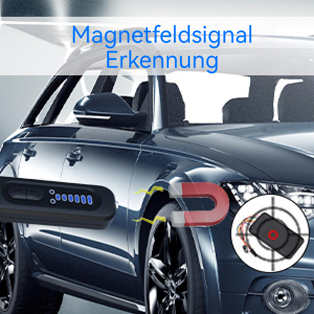Ein blaues Auto ist mit einem Magnetfeldsignal-Erkennungsgerät am Vorderrad abgebildet.
