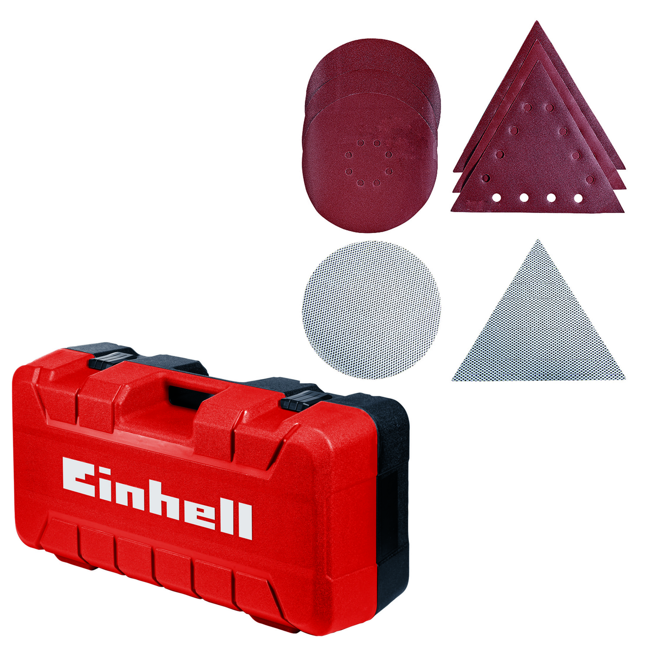 Ein roter und schwarzer Werkzeugkoffer mit Schleifpads, vor einem weißen Hintergrund.