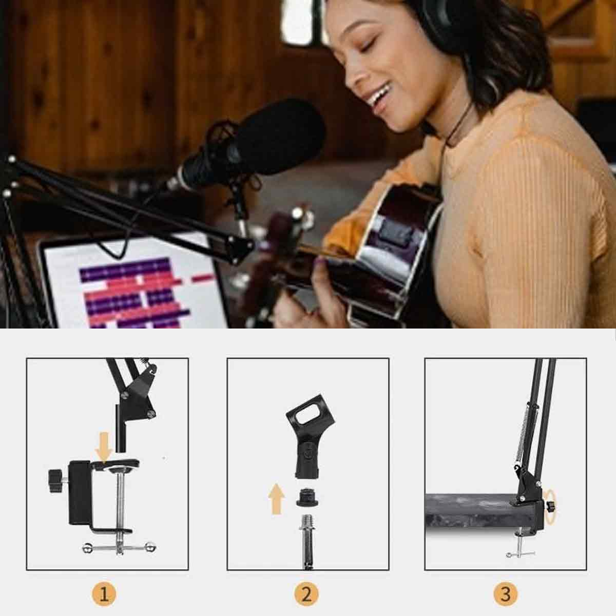 Eine Frau spielt Gitarre mit einem Mikrofon-Setup und einem Laptop, der Noten im Hintergrund zeigt.