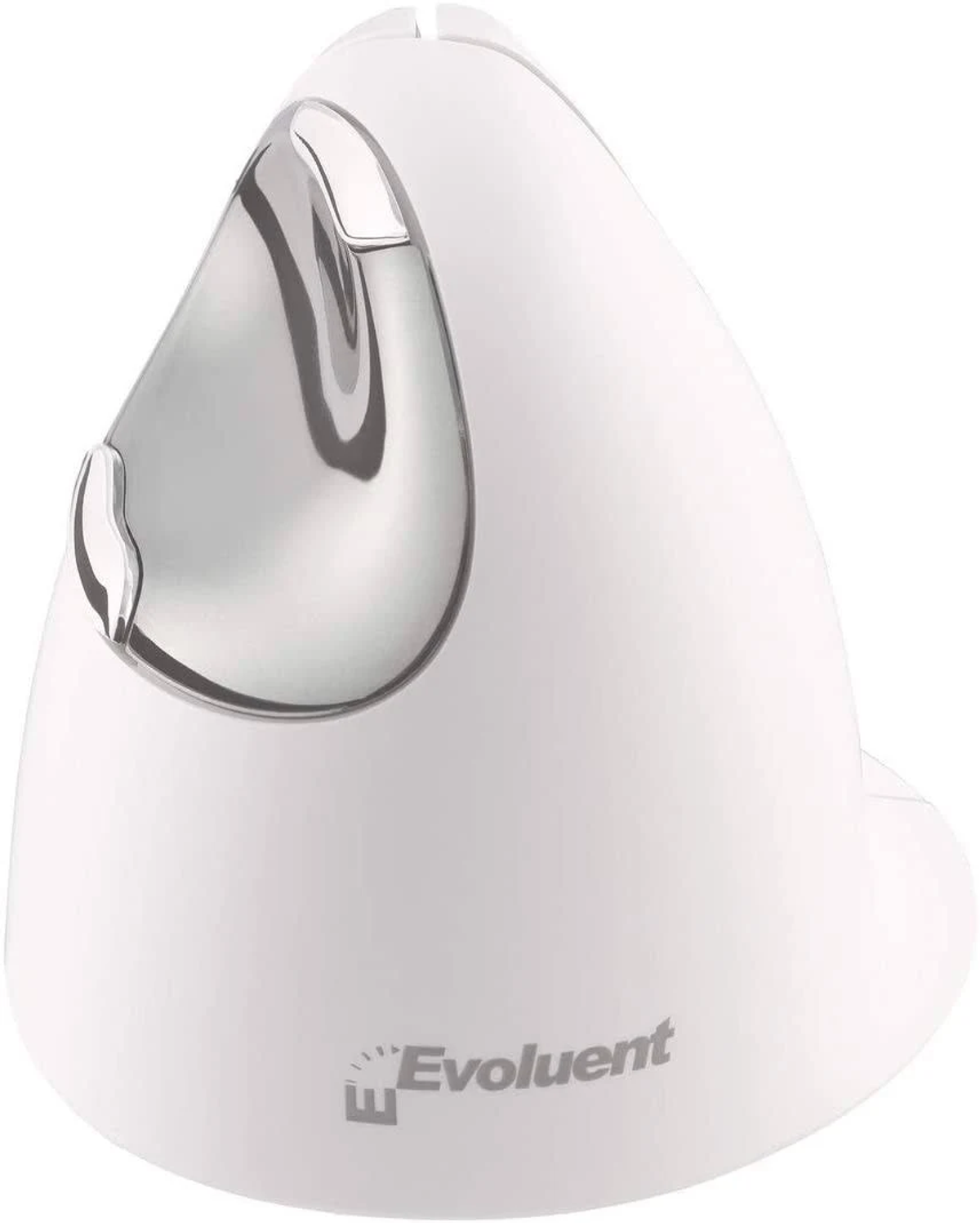 Eine weiße ergonomische vertikale Maus mit silbernen Akzenten und dem Evoluent-Logo unten, für Komfort entwickelt.
