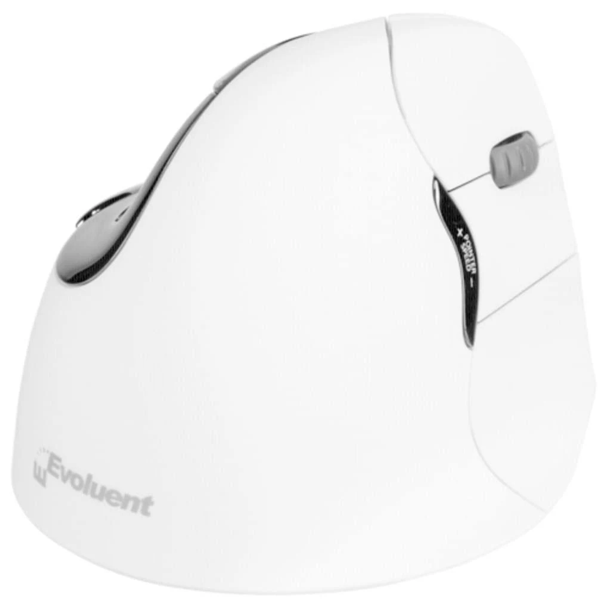 Eine weiße ergonomische vertikale Maus mit grauen Akzenten und Evoluent-Logo, entwickelt zur Reduzierung der Handgelenksbelastung.