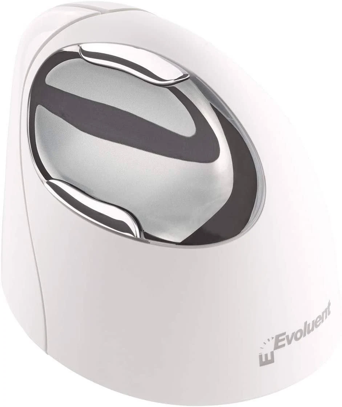 Eine weiße ergonomische vertikale Maus mit silbernen Akzenten und dem Evoluent-Logo, entwickelt für eine bequeme Handpositionierung.