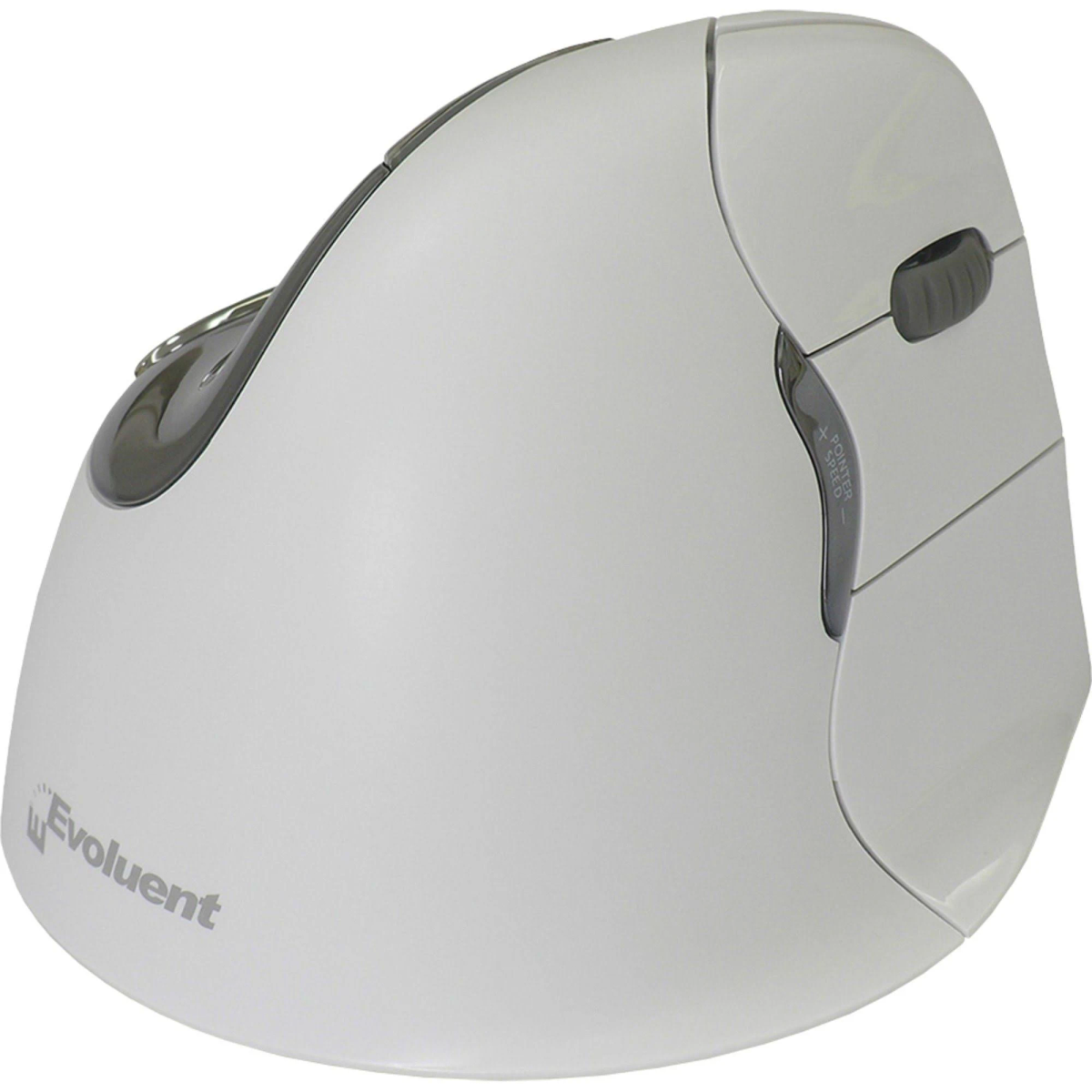 Eine weiße vertikale ergonomische Evoluent-Maus mit grauen Akzenten, die entwickelt wurde, um die Belastung des Handgelenks zu reduzieren.