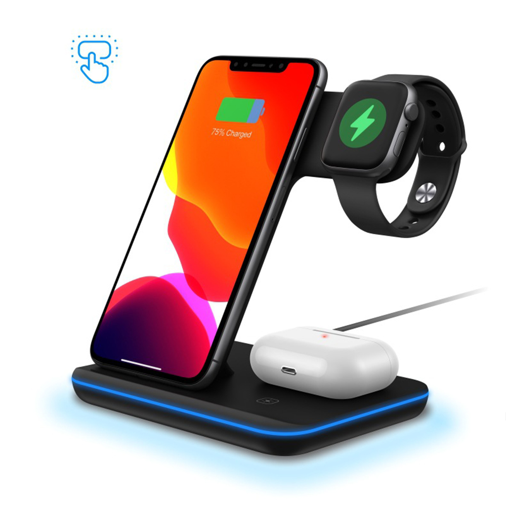 Schwarzer kabelloser Ladeständer mit Handy, Uhr und Kopfhörergehäuse und blauem Licht.
