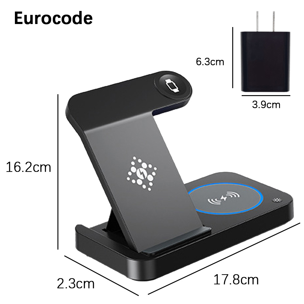 Schwarze kabellose Ladestation für Handy, Uhr und Ohrhörer mit beschrifteten Abmessungen auf Weiß.