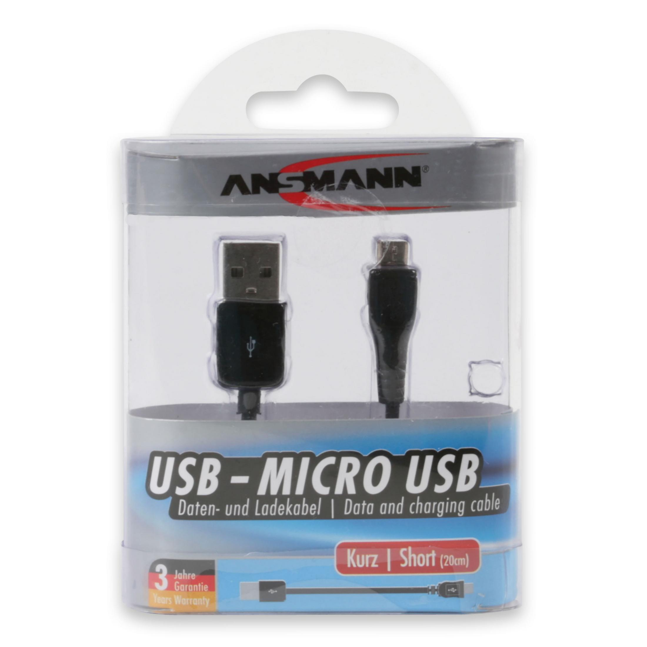 Cavo dati e ricarica da USB a Micro USB in confezione di plastica trasparente.