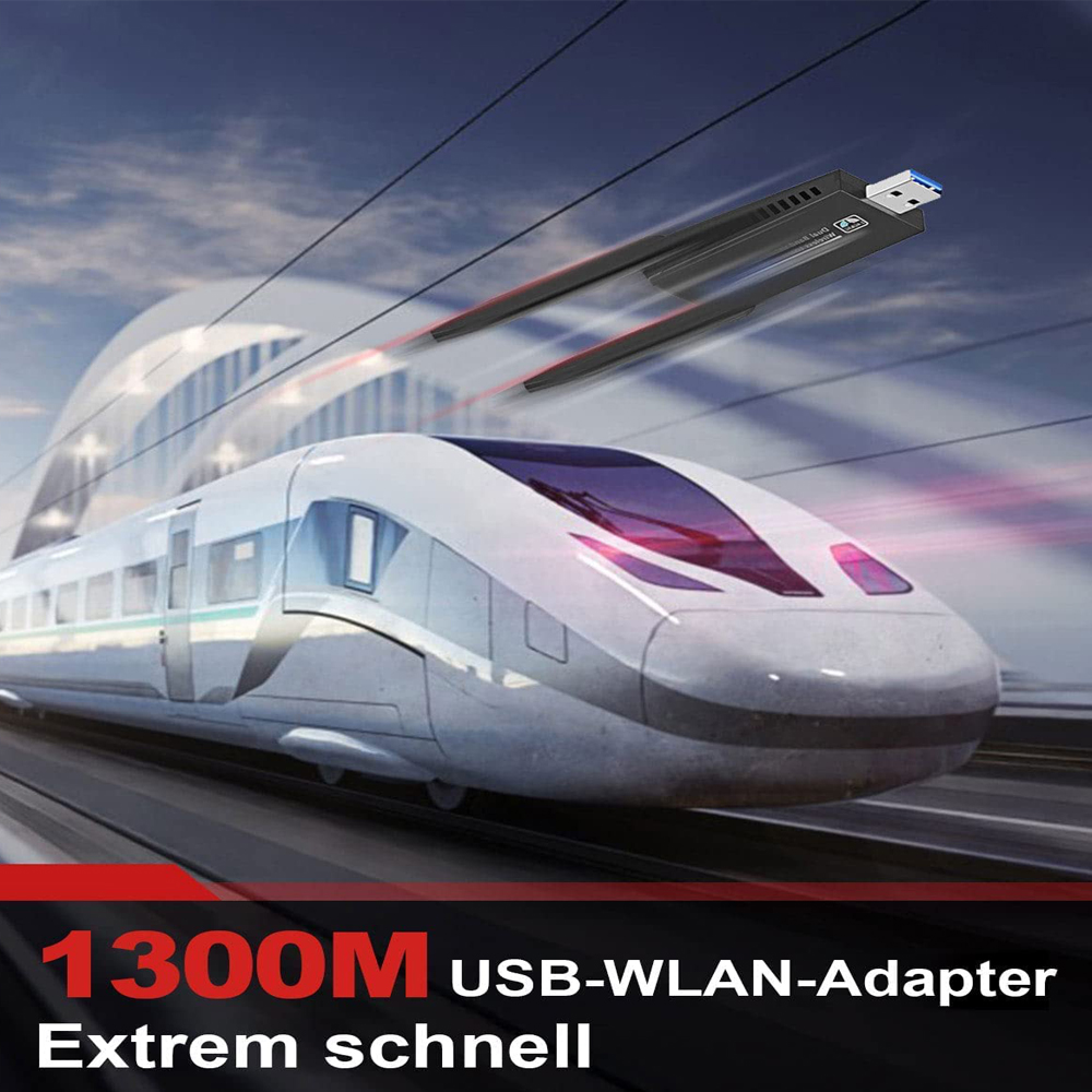 Ein Zug und ein WLAN-Adapter bewegen sich schnell. Die Worte "1300M USB-WLAN-Adapter" werden angezeigt.