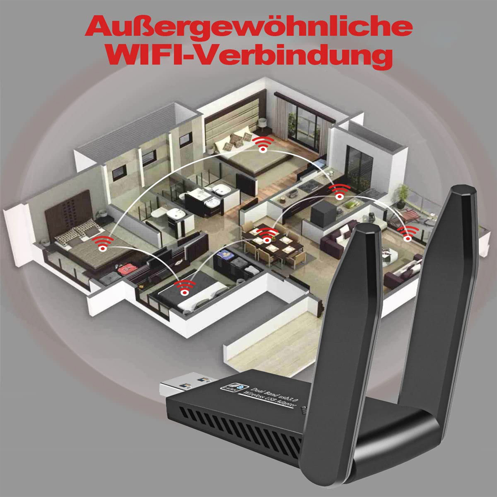Ein WLAN-Adapter zeigt WLAN-Signale in einem Haus an. Die Worte "Außergewöhnliche WIFI-Verbindung" werden angezeigt.