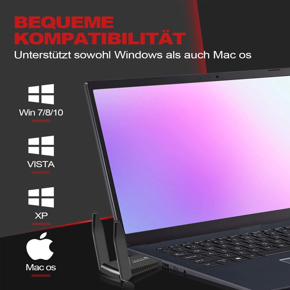 Ein Laptop, der die Kompatibilität mit Windows und Mac OS anzeigt. Ein WLAN-Adapter ist an den Laptop angeschlossen.
