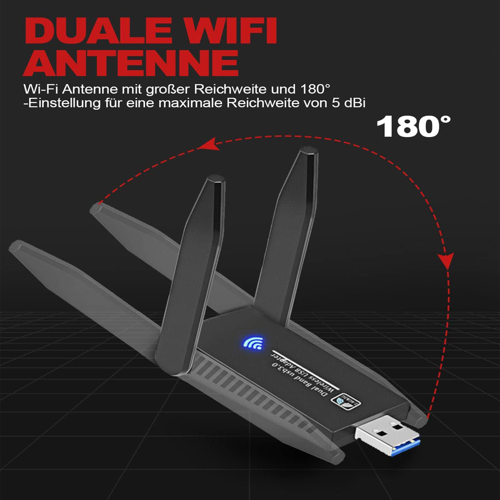 Ein WLAN-Adapter mit Antennen. Die Antennen werden in einem Winkel von 180 Grad angezeigt.