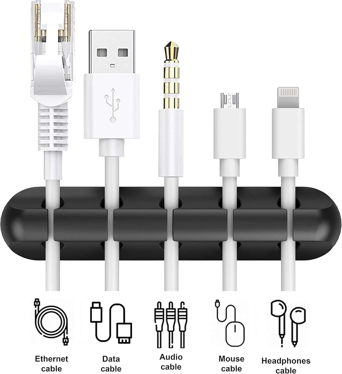 Schwarzer Kabelorganisator mit sechs weißen Kabeln. Kabel umfassen Ethernet, USB, Audio, Micro-USB und Lightning.