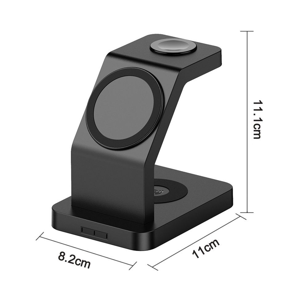 Schwarze Ladestation mit drei Ladepads. Zeigt die Abmessungen 11,1 cm, 11 cm und 8,2 cm.