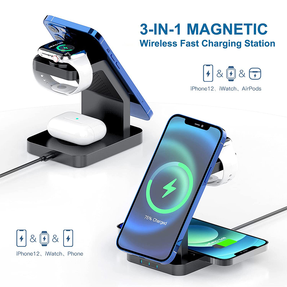 Schwarze 3-in-1-Ladestation mit Telefon, Uhr und Ohrhörern. Das Telefon lädt.