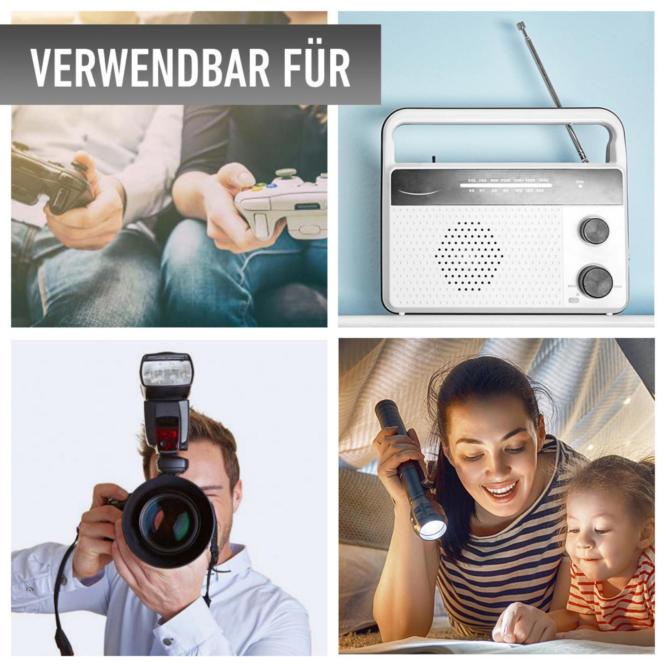 Collage von vier Bildern: Gaming, Radio, Kamera-Blitz und Taschenlampenbenutzung im Zelt.