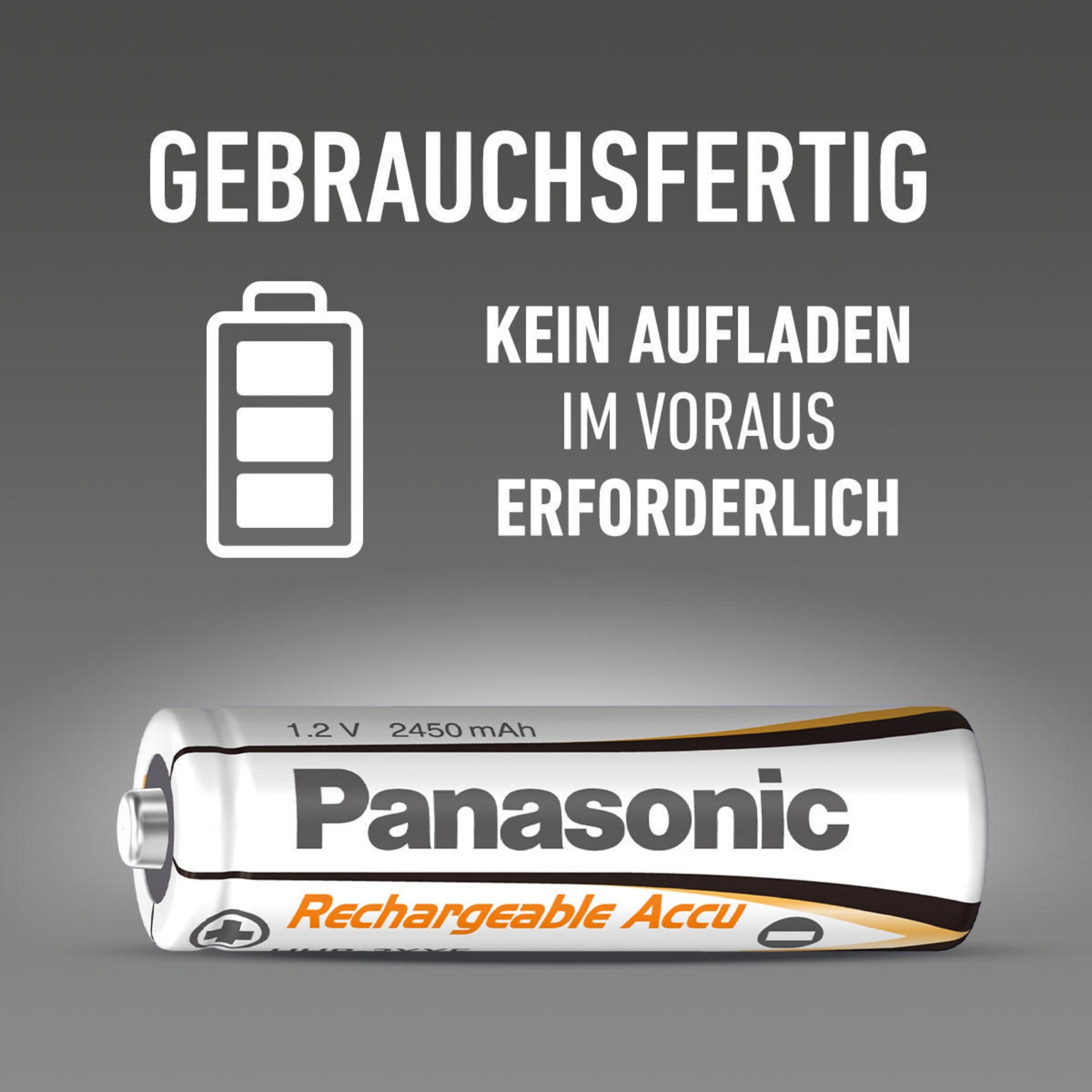 Panasonic AA Akku. Text sagt: Einsatzbereit, 2450 mAh. Weiß und gelb.