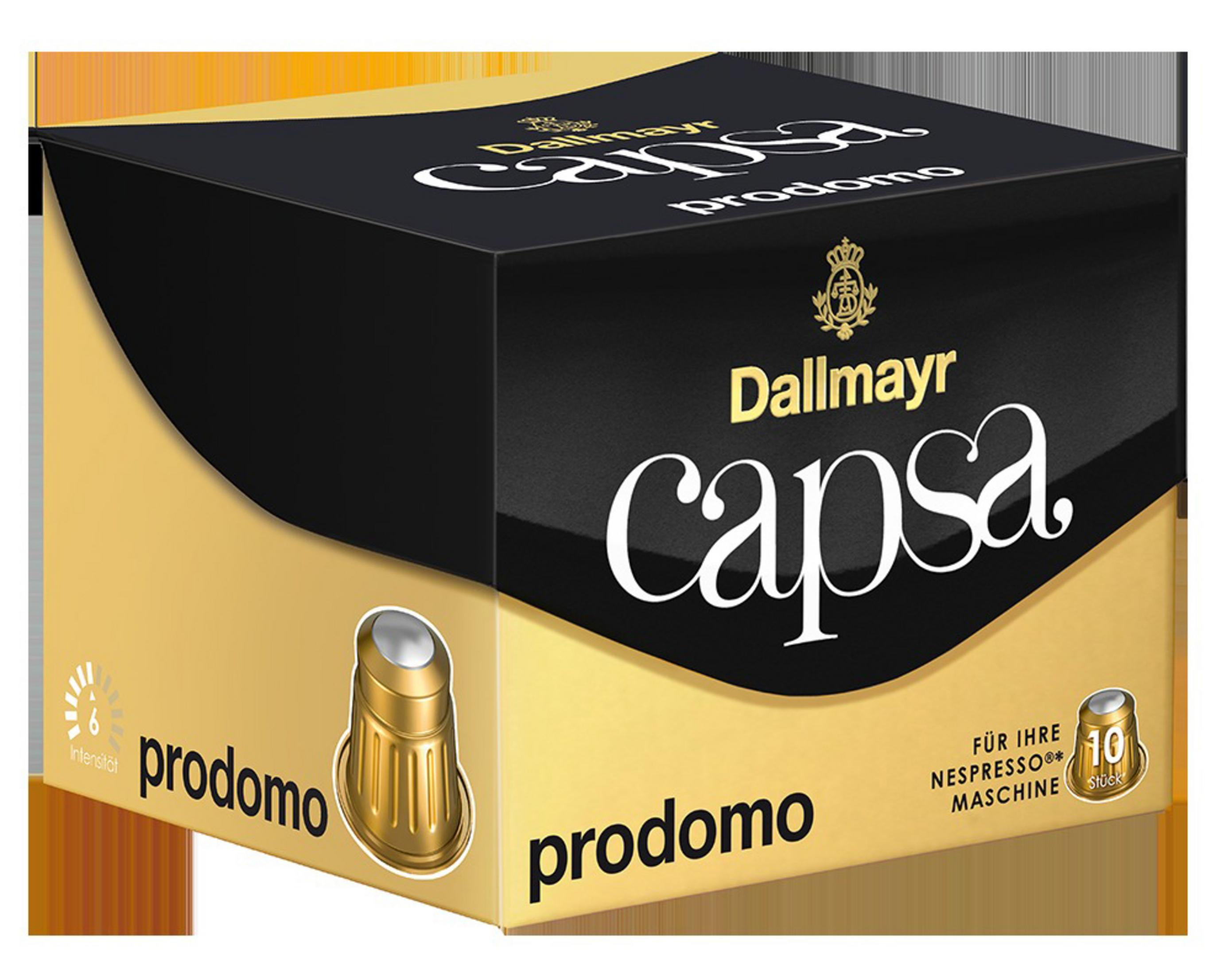 Eine Schachtel Dallmayr Capa Prodomo Kaffeekapseln in Schwarz und Gold.