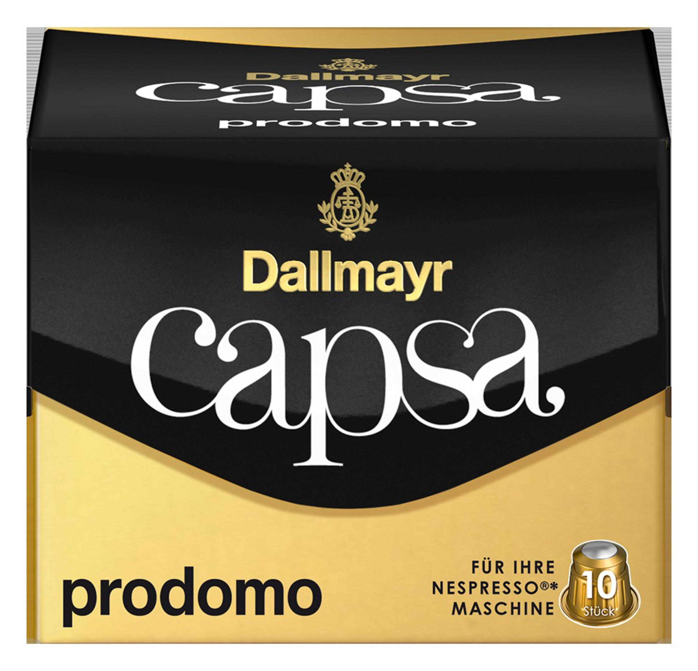 Eine Schachtel Dallmayr Capa Prodomo Kaffeekapseln mit schwarz-goldenem Design.