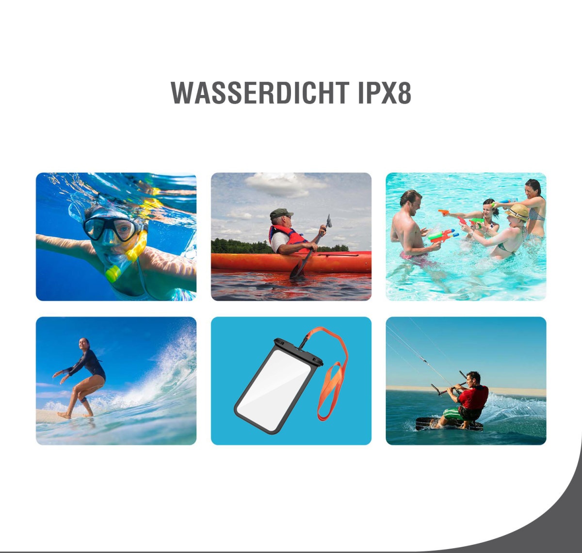 Collage di sei scene di sport acquatici attivi, tra cui snorkeling, kayak, surf e kitesurf.