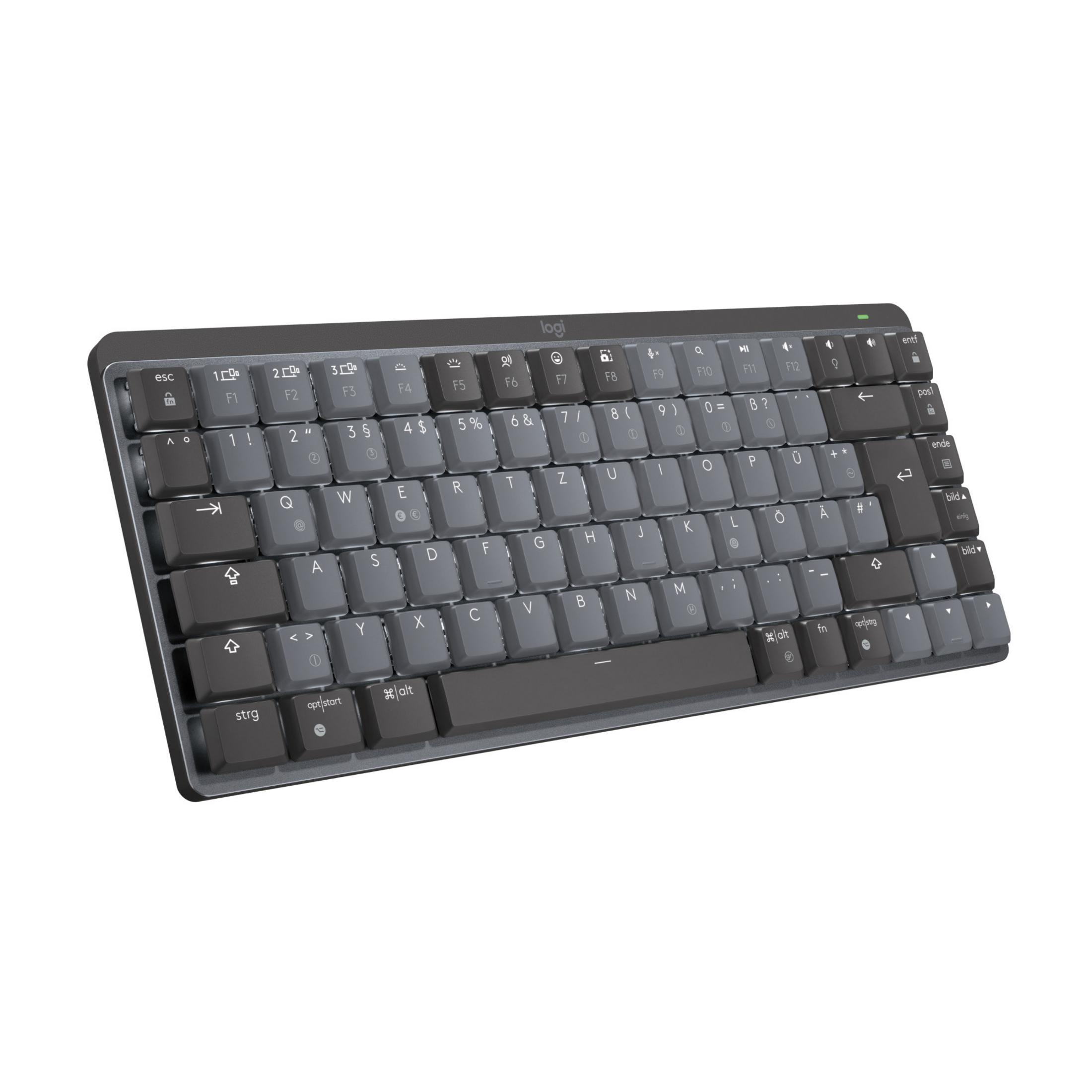 Eine schwarz-graue Logi-Tastatur mit mehreren Tasten auf einem weißen Hintergrund.