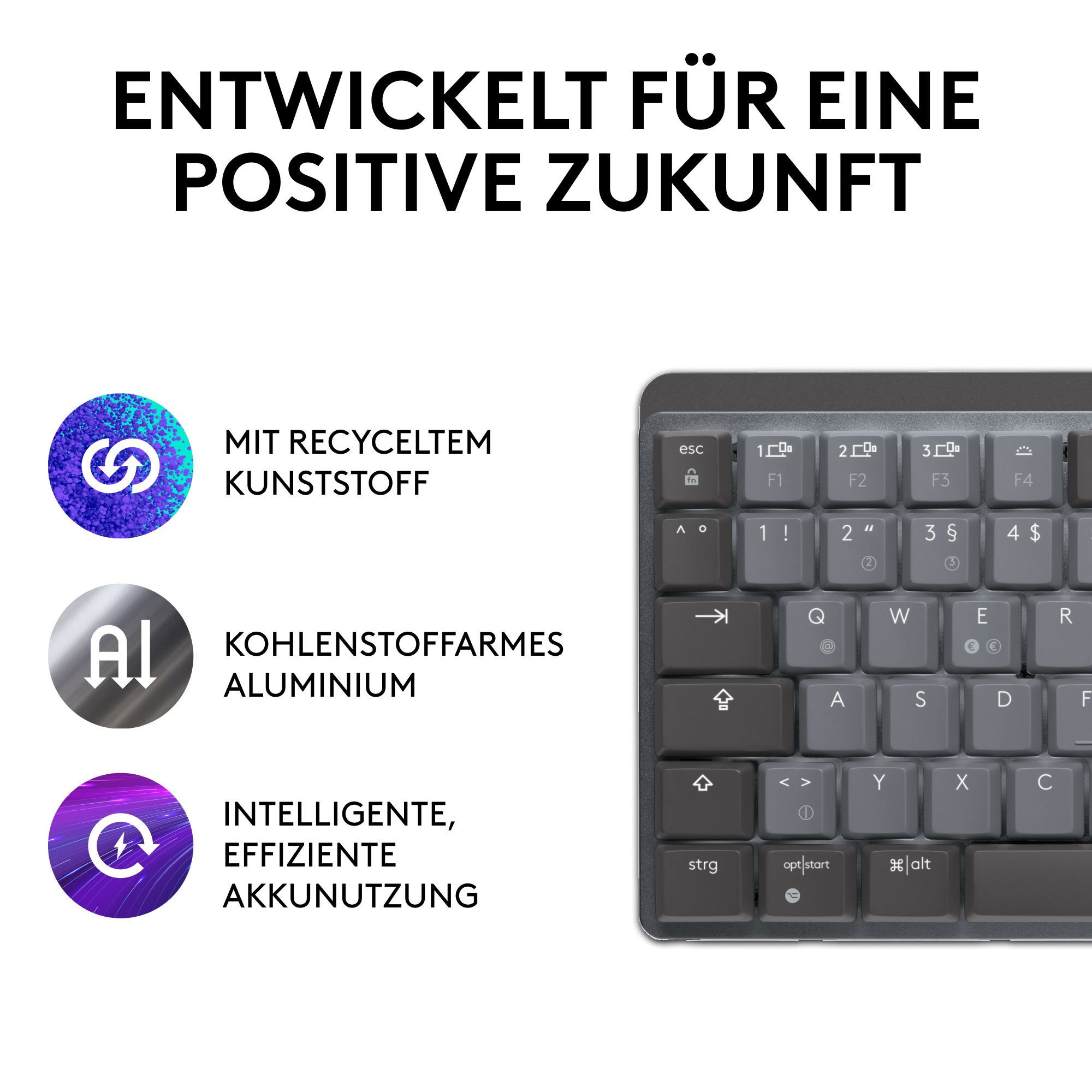 Tastatur mit grauen Tasten, schwarzer Rahmen. Text über Tasten. Drei Symbole mit Beschreibungen sind gezeigt.
